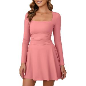 imageKaximil Womens Square Neck Long Sleeve Mini Dress Ruffle Hem Corset Short Party Club DressesWater Pink