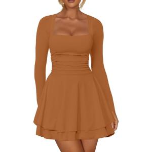 imageKaximil Womens Square Neck Ruffle Hem Mini Dress Ruched Waist Long Sleeve Corset Short Party DressesBrown