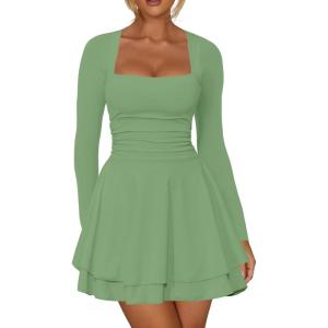 imageKaximil Womens Square Neck Ruffle Hem Mini Dress Ruched Waist Long Sleeve Corset Short Party DressesPea Green
