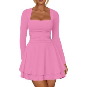 imageKaximil Womens Square Neck Ruffle Hem Mini Dress Ruched Waist Long Sleeve Corset Short Party DressesPink