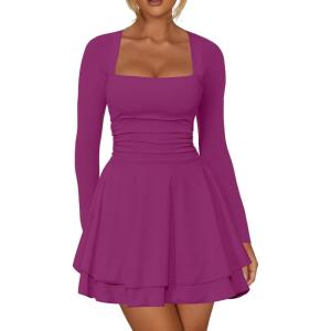 imageKaximil Womens Square Neck Ruffle Hem Mini Dress Ruched Waist Long Sleeve Corset Short Party DressesPurple Red