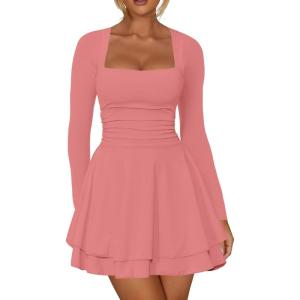 imageKaximil Womens Square Neck Ruffle Hem Mini Dress Ruched Waist Long Sleeve Corset Short Party DressesWater Pink