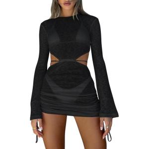 imageKaximil Womens Swimsuit Coverup Long Sleeve Sexy Beach Bathing Suit Cover Ups Mini Dress SwimwearBlack