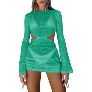 imageKaximil Womens Swimsuit Coverup Long Sleeve Sexy Beach Bathing Suit Cover Ups Mini Dress SwimwearGreen