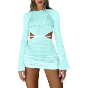 imageKaximil Womens Swimsuit Coverup Long Sleeve Sexy Beach Bathing Suit Cover Ups Mini Dress SwimwearLight Blue