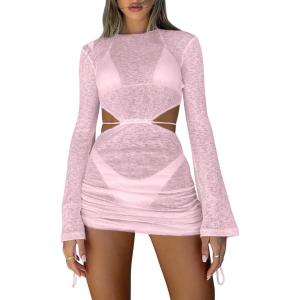 imageKaximil Womens Swimsuit Coverup Long Sleeve Sexy Beach Bathing Suit Cover Ups Mini Dress SwimwearPink