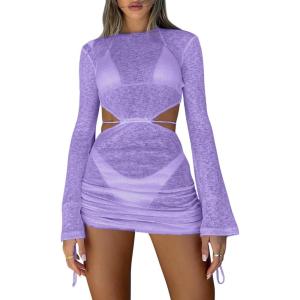 imageKaximil Womens Swimsuit Coverup Long Sleeve Sexy Beach Bathing Suit Cover Ups Mini Dress SwimwearPurple