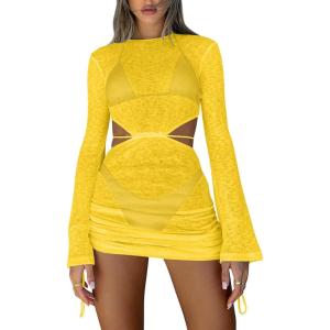 imageKaximil Womens Swimsuit Coverup Long Sleeve Sexy Beach Bathing Suit Cover Ups Mini Dress SwimwearYellow