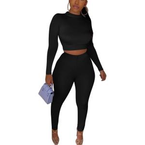 imageKaximil Womens Workout Tracksuit 2 Piece Outfits Long Sleeve Crop Top High Waist Legging Pants SetBlack