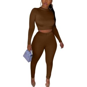 imageKaximil Womens Workout Tracksuit 2 Piece Outfits Long Sleeve Crop Top High Waist Legging Pants SetCoffee