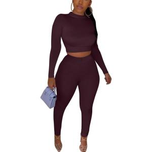 imageKaximil Womens Workout Tracksuit 2 Piece Outfits Long Sleeve Crop Top High Waist Legging Pants SetDark Chocolate