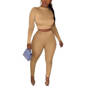 imageKaximil Womens Workout Tracksuit 2 Piece Outfits Long Sleeve Crop Top High Waist Legging Pants SetKhaki