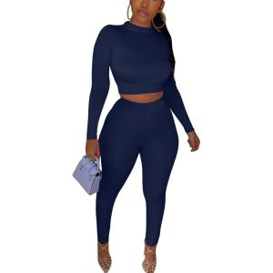 imageKaximil Womens Workout Tracksuit 2 Piece Outfits Long Sleeve Crop Top High Waist Legging Pants SetNavy