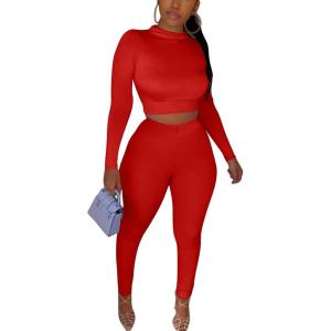 imageKaximil Womens Workout Tracksuit 2 Piece Outfits Long Sleeve Crop Top High Waist Legging Pants SetRed