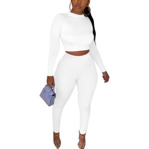 imageKaximil Womens Workout Tracksuit 2 Piece Outfits Long Sleeve Crop Top High Waist Legging Pants SetWhite