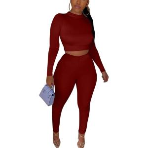 imageKaximil Womens Workout Tracksuit 2 Piece Outfits Long Sleeve Crop Top High Waist Legging Pants SetWine Red