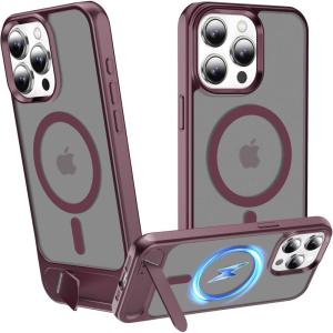 imageUpgraded Magnetic for iPhone 15 Pro Max Case with Builtin KickstandScreen Protector IncludedWireless Charging Compatible21ft Drop TestedSlim Fit Translucent Matte Acrylic  BlueWine Red w Kickstand