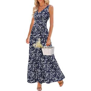 imageWomen Sleeveless Boho Floral Maxi Dress Summer Casual Wrap Vneck Smocked Tie Flowy Ruffle Tiered Beach Long Sundress PocketNavy