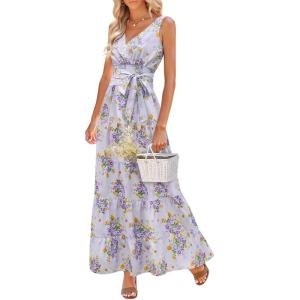 imageWomen Sleeveless Boho Floral Maxi Dress Summer Casual Wrap Vneck Smocked Tie Flowy Ruffle Tiered Beach Long Sundress PocketPurple