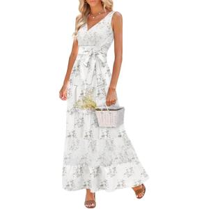 imageWomen Sleeveless Boho Floral Maxi Dress Summer Casual Wrap Vneck Smocked Tie Flowy Ruffle Tiered Beach Long Sundress PocketWhite With Lace