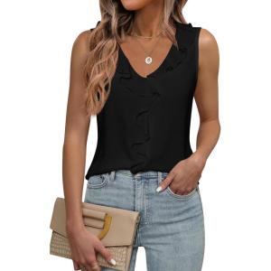 imageWomens Dressy Casual Blouses Sleeveless V Neck Ruffle Tank Tops 2025 Trendy Summer Ladies Business Work ShirtsBlack