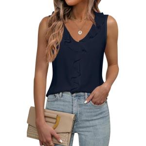 imageWomens Dressy Casual Blouses Sleeveless V Neck Ruffle Tank Tops 2025 Trendy Summer Ladies Business Work ShirtsBlue