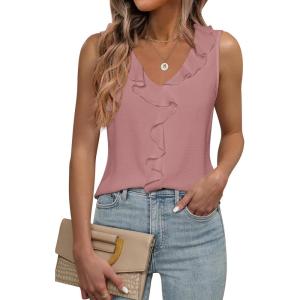 imageWomens Dressy Casual Blouses Sleeveless V Neck Ruffle Tank Tops 2025 Trendy Summer Ladies Business Work ShirtsPink