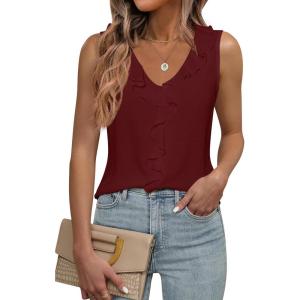 imageWomens Dressy Casual Blouses Sleeveless V Neck Ruffle Tank Tops 2025 Trendy Summer Ladies Business Work ShirtsRed