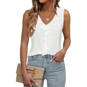 imageWomens Dressy Casual Blouses Sleeveless V Neck Ruffle Tank Tops 2025 Trendy Summer Ladies Business Work ShirtsWhite