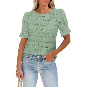 imageWomens Eyelet Tops Puff Short Sleeve Blouses Dressy Casual Cute Hollow Out Crochet Lace Embroidered Summer ShirtsSage Green