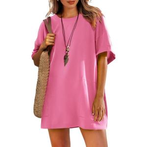 imageWomens Oversized T Shirt Dress Short Sleeve Crewneck Tunic Tops Basic Summer Casual Mini Short Dresses with PocketsHot Pink