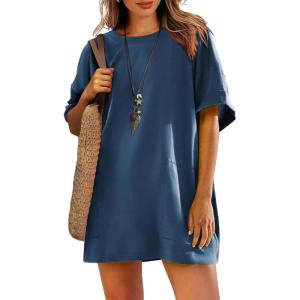 imageWomens Oversized T Shirt Dress Short Sleeve Crewneck Tunic Tops Basic Summer Casual Mini Short Dresses with PocketsNavy