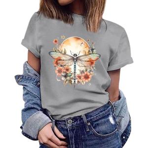 imageWomens Short Sleeve T Shirts Graphic Tees Crewneck Casual Loose 2025 Summer Boho TopsDragonfly