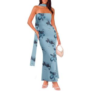 imageWomens Strapless Tube Dress Mesh Floral Summer Bodycon Long Maxi Cocktail Party Wedding Guest DressesBlue