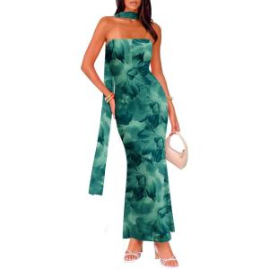 imageWomens Strapless Tube Dress Mesh Floral Summer Bodycon Long Maxi Cocktail Party Wedding Guest DressesGreen