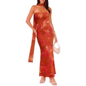 imageWomens Strapless Tube Dress Mesh Floral Summer Bodycon Long Maxi Cocktail Party Wedding Guest DressesRed