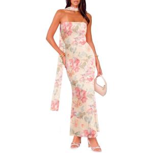imageWomens Strapless Tube Dress Mesh Floral Summer Bodycon Long Maxi Cocktail Party Wedding Guest DressesYellow