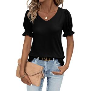 imageWomens Summer Tops Ruffle Short Sleeve V Neck Blouses Dressy Casual Loose Work T ShirtsBlack