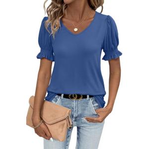 imageWomens Summer Tops Ruffle Short Sleeve V Neck Blouses Dressy Casual Loose Work T ShirtsDeep Blue