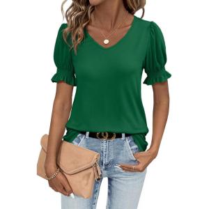 imageWomens Summer Tops Ruffle Short Sleeve V Neck Blouses Dressy Casual Loose Work T ShirtsGreen