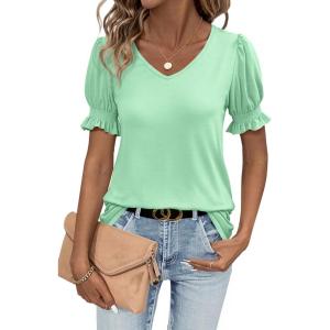 imageWomens Summer Tops Ruffle Short Sleeve V Neck Blouses Dressy Casual Loose Work T ShirtsLight Green