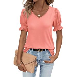 imageWomens Summer Tops Ruffle Short Sleeve V Neck Blouses Dressy Casual Loose Work T ShirtsPink