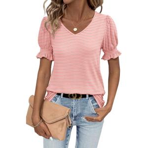 imageWomens Summer Tops Ruffle Short Sleeve V Neck Blouses Dressy Casual Loose Work T ShirtsPink White