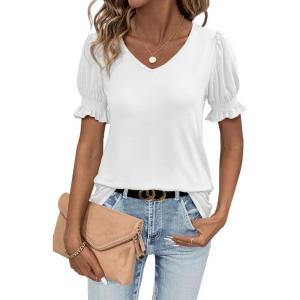 imageWomens Summer Tops Ruffle Short Sleeve V Neck Blouses Dressy Casual Loose Work T ShirtsWhite