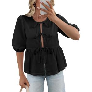 imageWomens Tie Front Peplum Blouses Puff Short Sleeve Crewneck Shirt Cute Y2K Coquette Babydoll Going Out TopsBlack