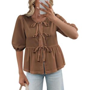 imageWomens Tie Front Peplum Blouses Puff Short Sleeve Crewneck Shirt Cute Y2K Coquette Babydoll Going Out TopsBrown