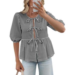 imageWomens Tie Front Peplum Blouses Puff Short Sleeve Crewneck Shirt Cute Y2K Coquette Babydoll Going Out TopsPlaid