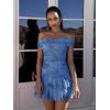imageKaximil Womens Off The Shoulder Floral Mini Dress Ruffle Hem Ruched Corset Short Cocktail Party DressesBlue