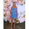 imageKaximil Womens Off The Shoulder Floral Mini Dress Ruffle Hem Ruched Corset Short Cocktail Party DressesBlue
