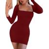 imageKaximil Womens Sexy Bodycon Ruched Mini Club Dress Long Sleeve Basic Casual DressesWine Red
